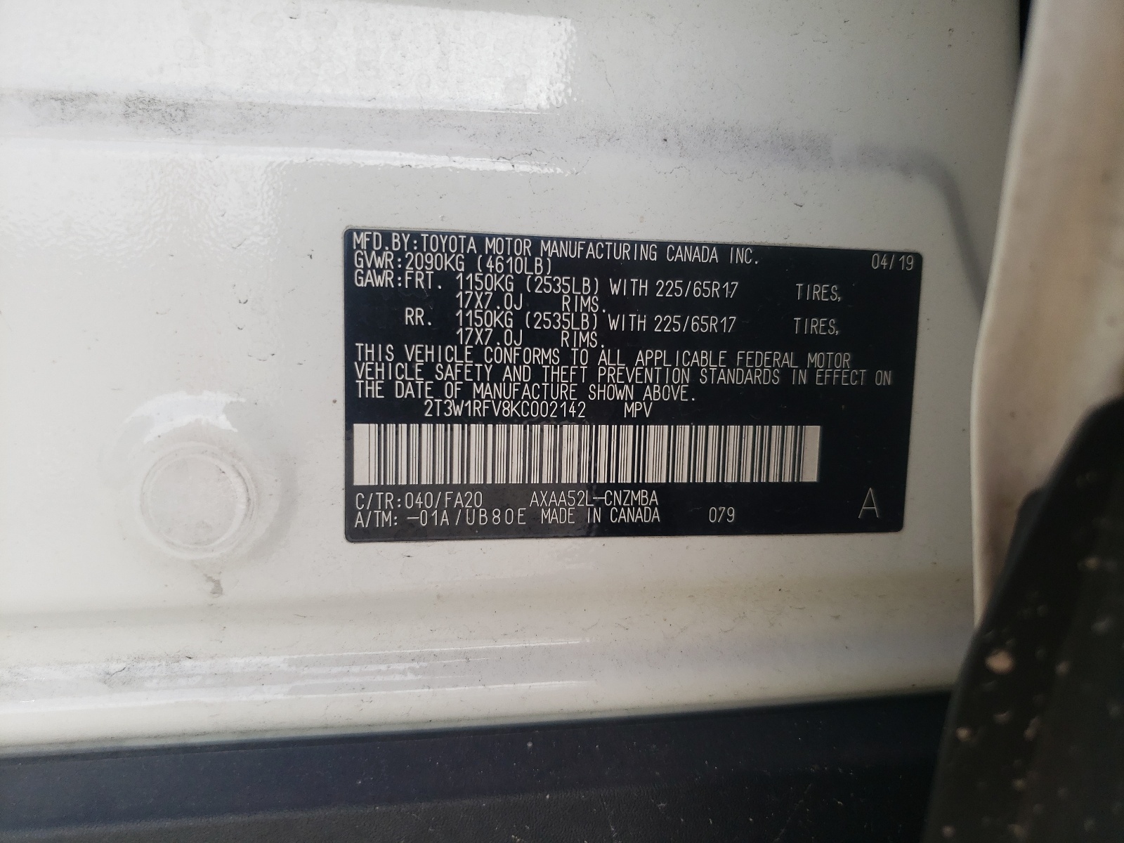 2T3W1RFV8KC002142 2019 Toyota Rav4 Xle