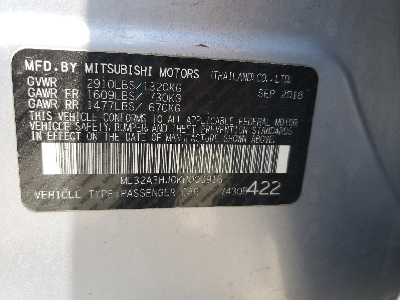 ML32A3HJ0KH000916 2019 Mitsubishi Mirage Es