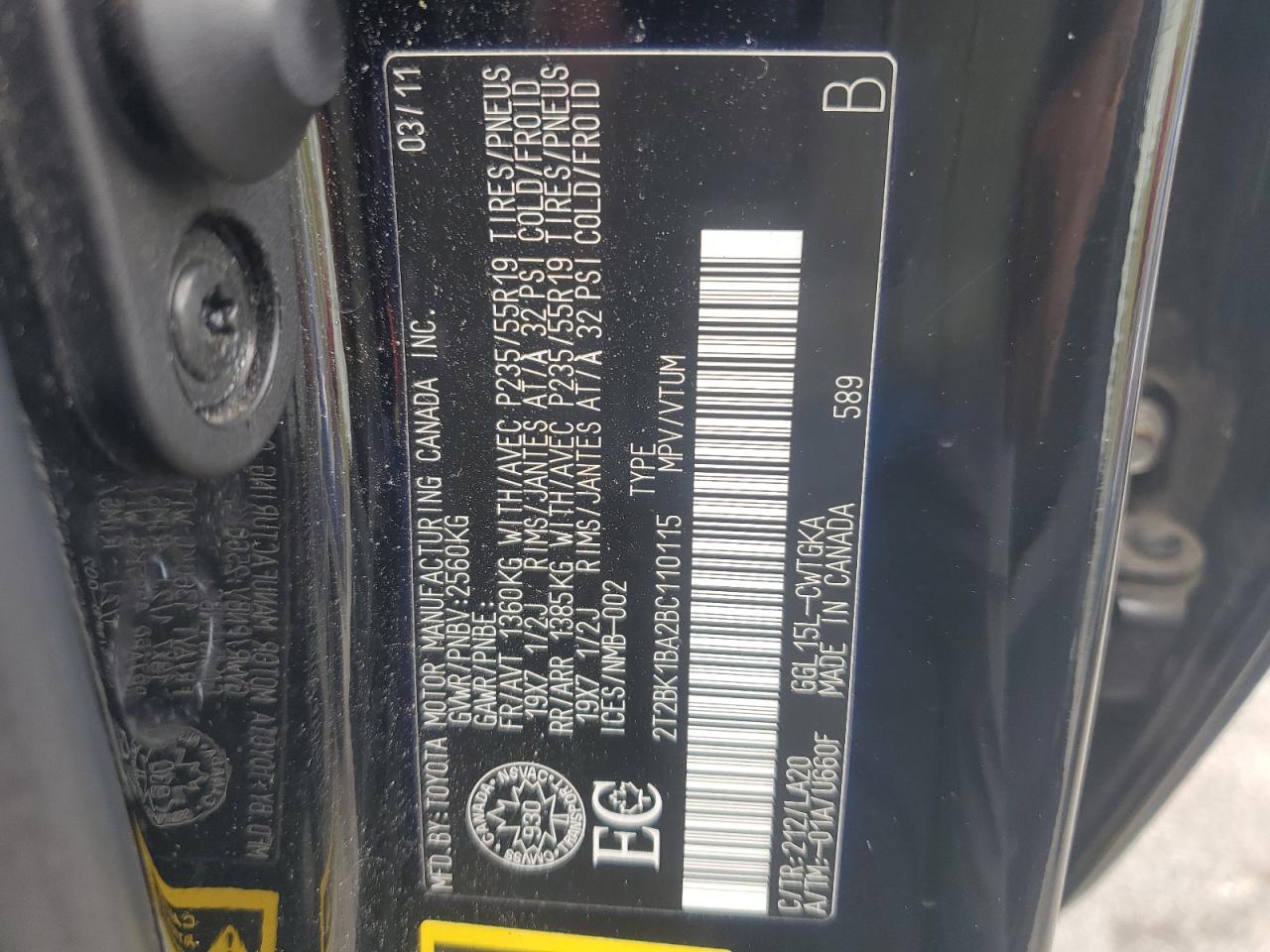 2011 Lexus Rx 350 VIN: 2T2BK1BA2BC110115 Lot: 61567574