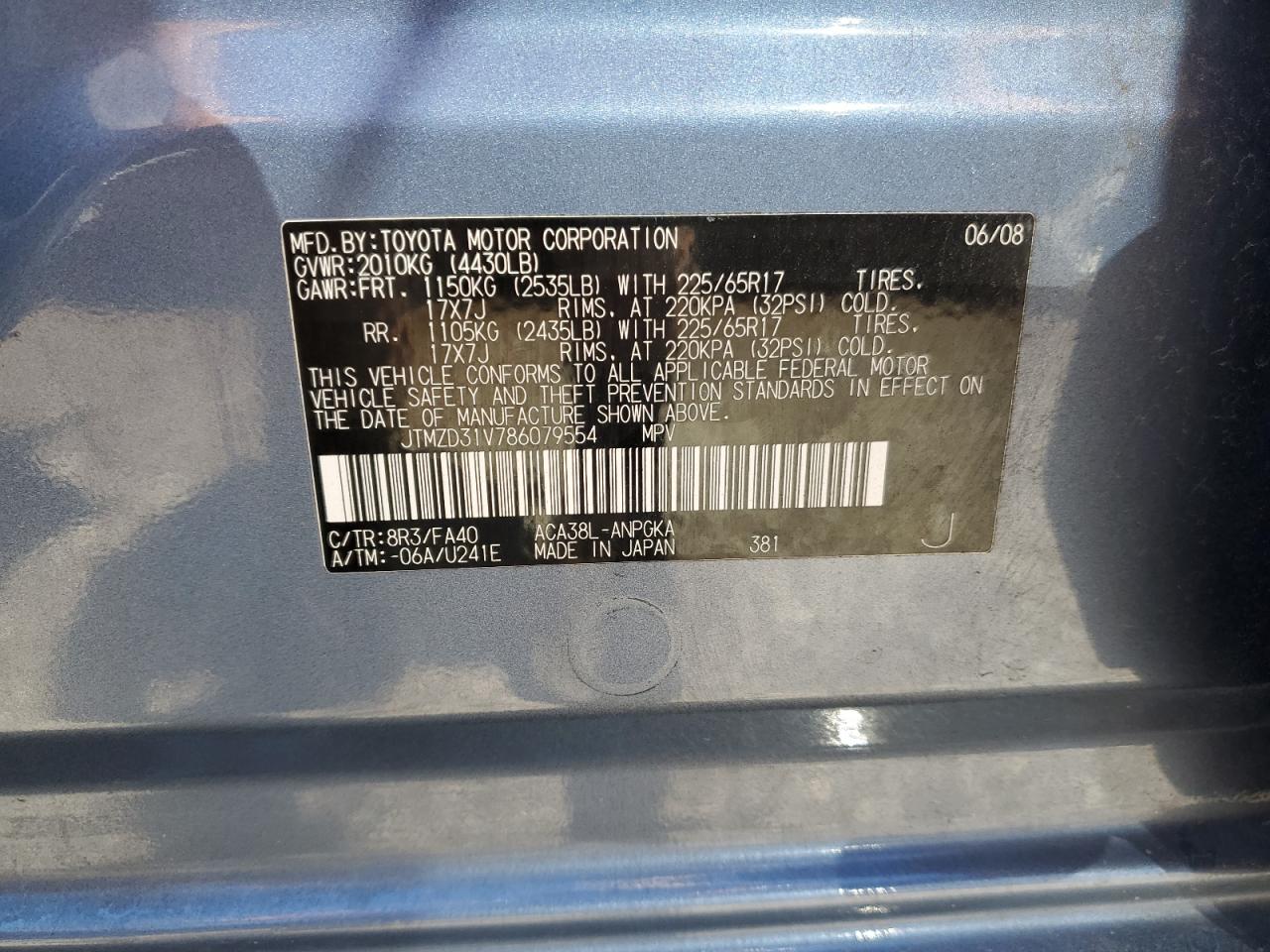 2008 Toyota Rav4 Limited VIN: JTMZD31V786079554 Lot: 61546074