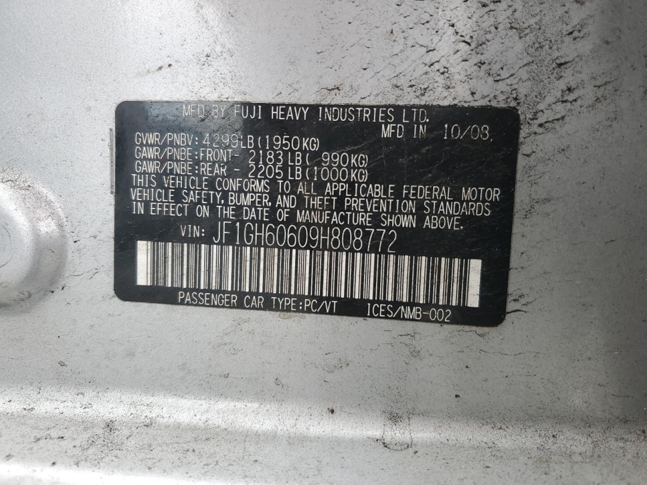 2009 Subaru Impreza 2.5I Premium VIN: JF1GH60609H808772 Lot: 62693184