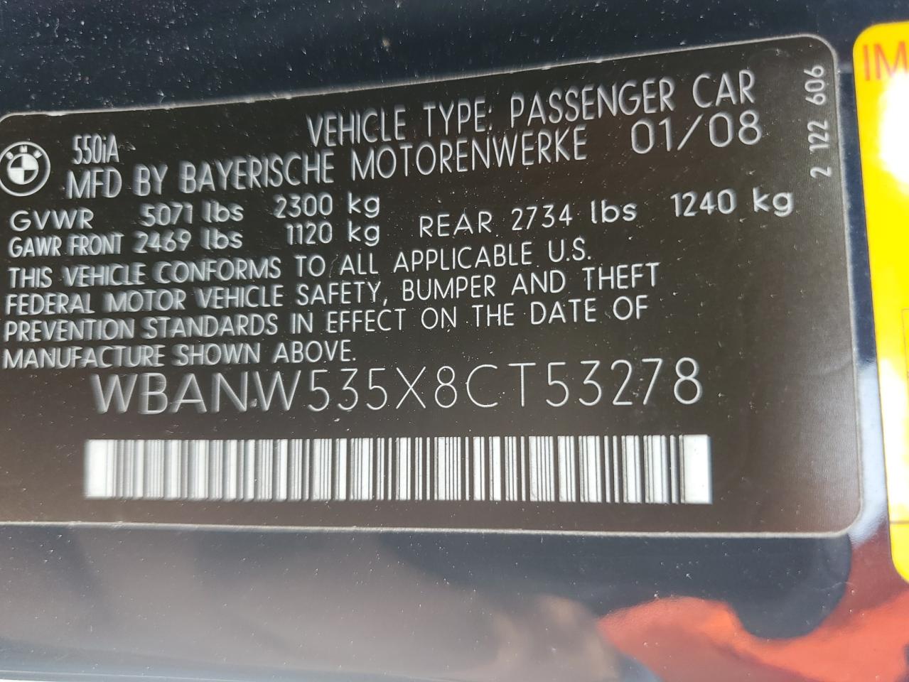 2008 BMW 550 I VIN: WBANW535X8CT53278 Lot: 65024574