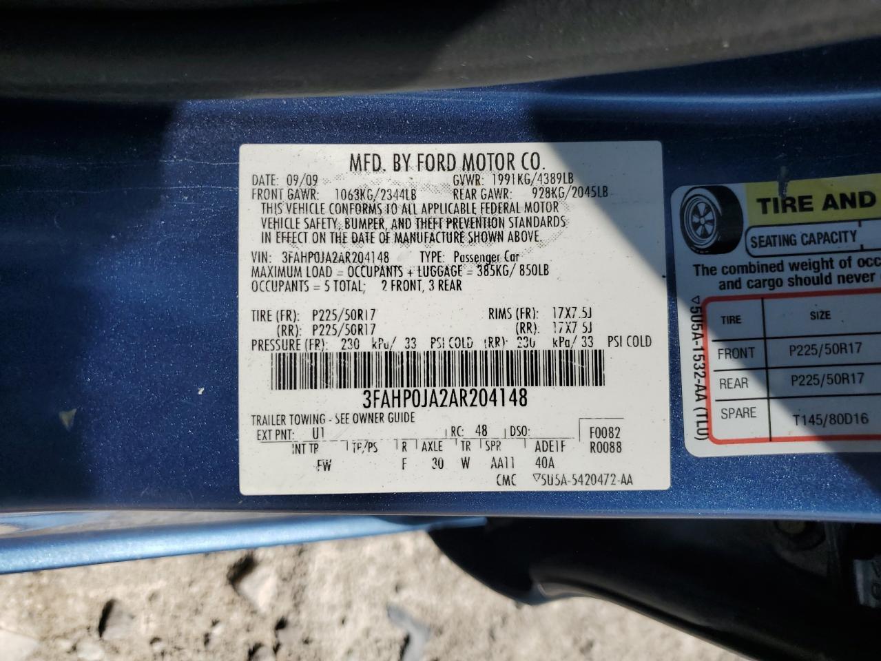 2010 Ford Fusion Sel VIN: 3FAHP0JA2AR204148 Lot: 62645664