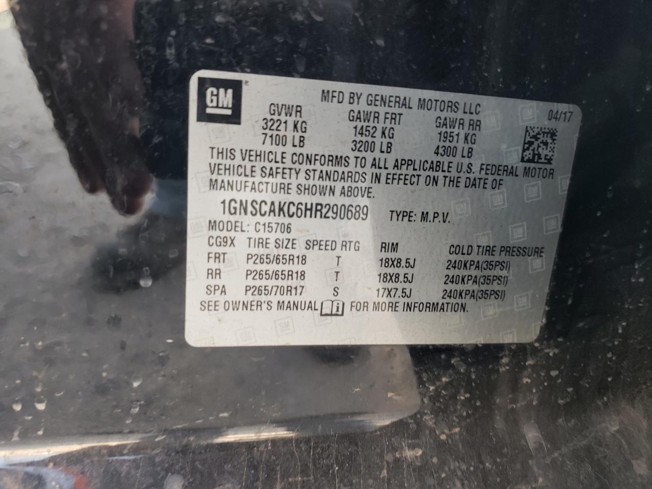 2017 Chevrolet Tahoe C1500 Ls VIN: 1GNSCAKC6HR290689 Lot: 64621754