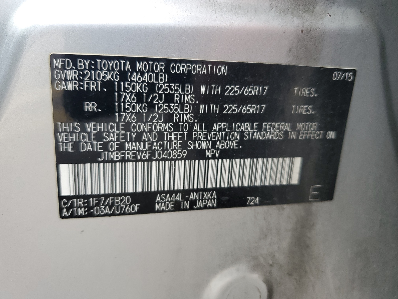 JTMBFREV6FJ040859 2015 Toyota Rav4 Le