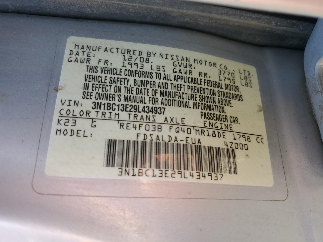 3N1BC13E29L434937 2009 Nissan Versa S