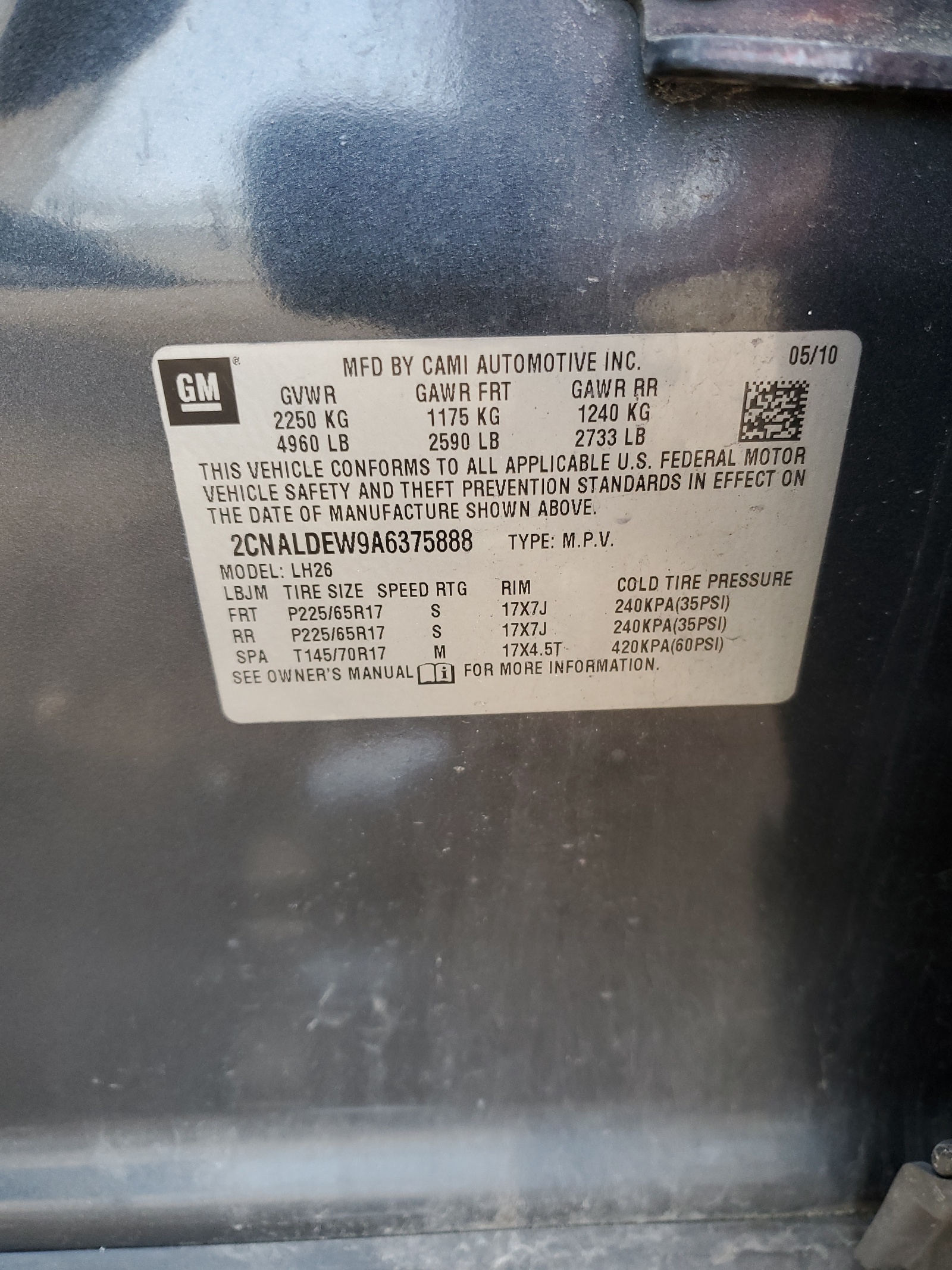 2CNALDEW9A6375888 2010 Chevrolet Equinox Lt