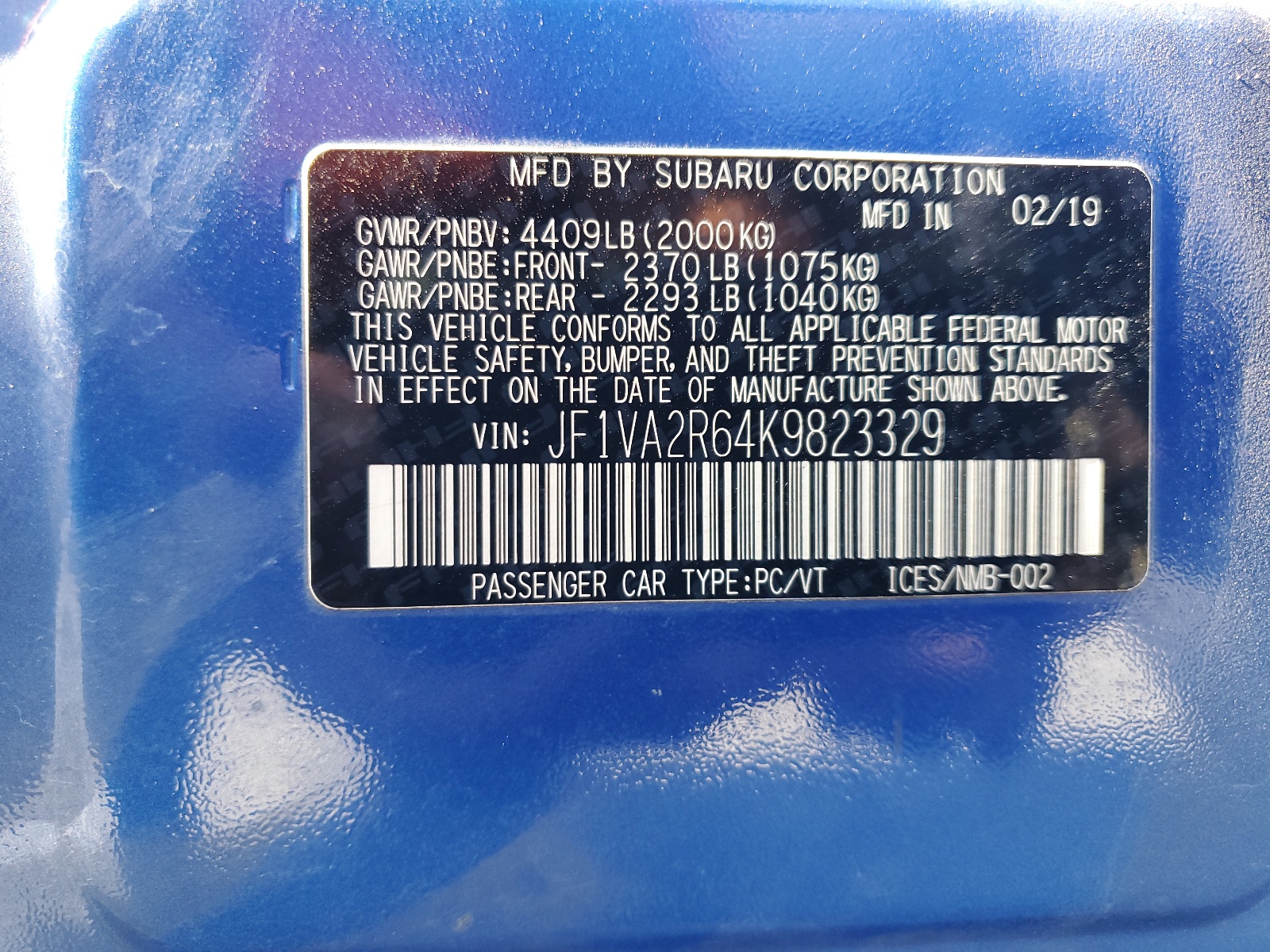 JF1VA2R64K9823329 2019 Subaru Wrx Sti