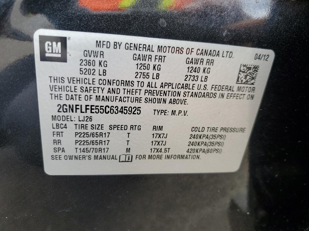 2GNFLFE55C6345925 2012 Chevrolet Equinox Ltz