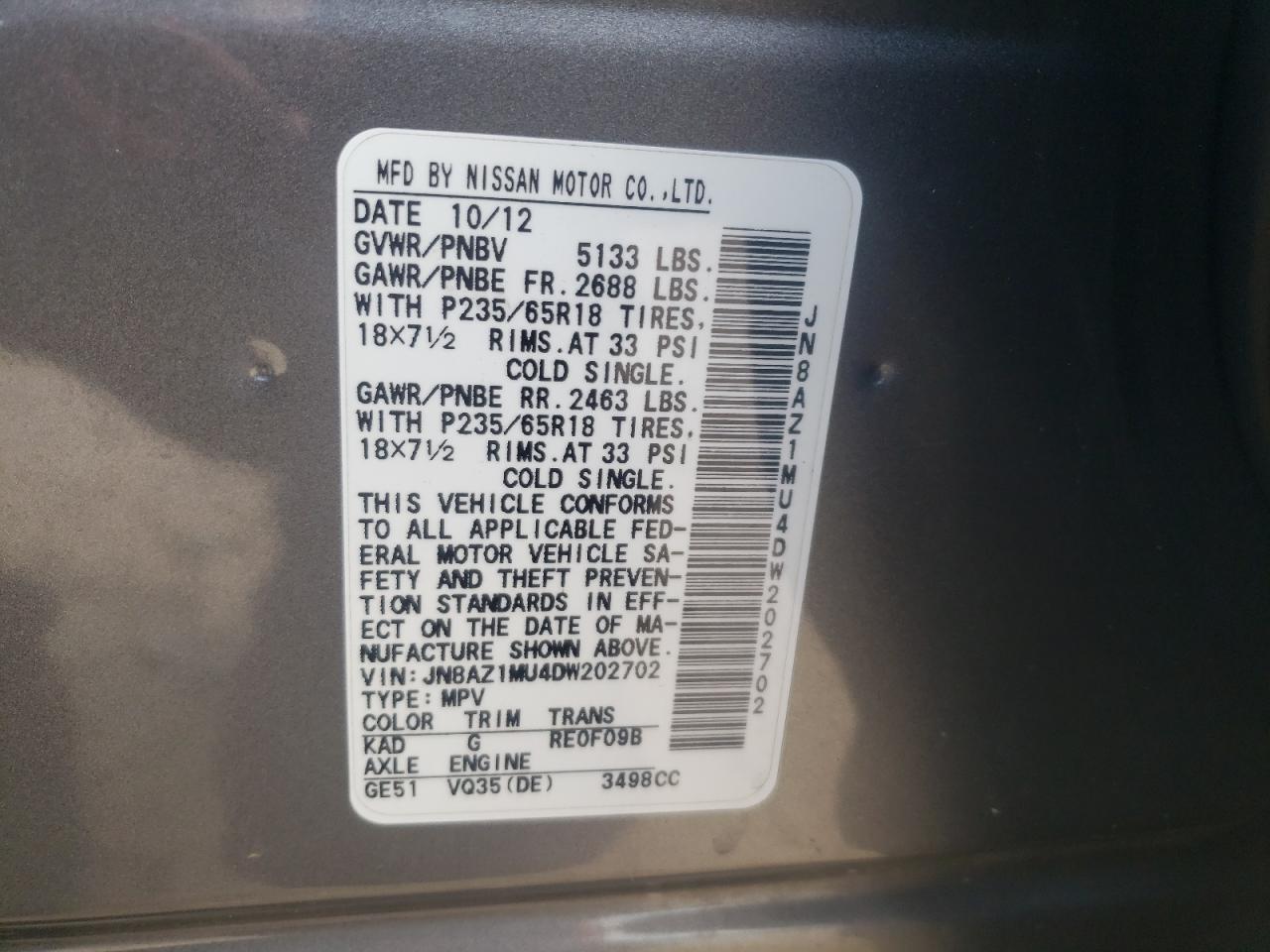 2013 Nissan Murano S VIN: JN8AZ1MU4DW202702 Lot: 63111964