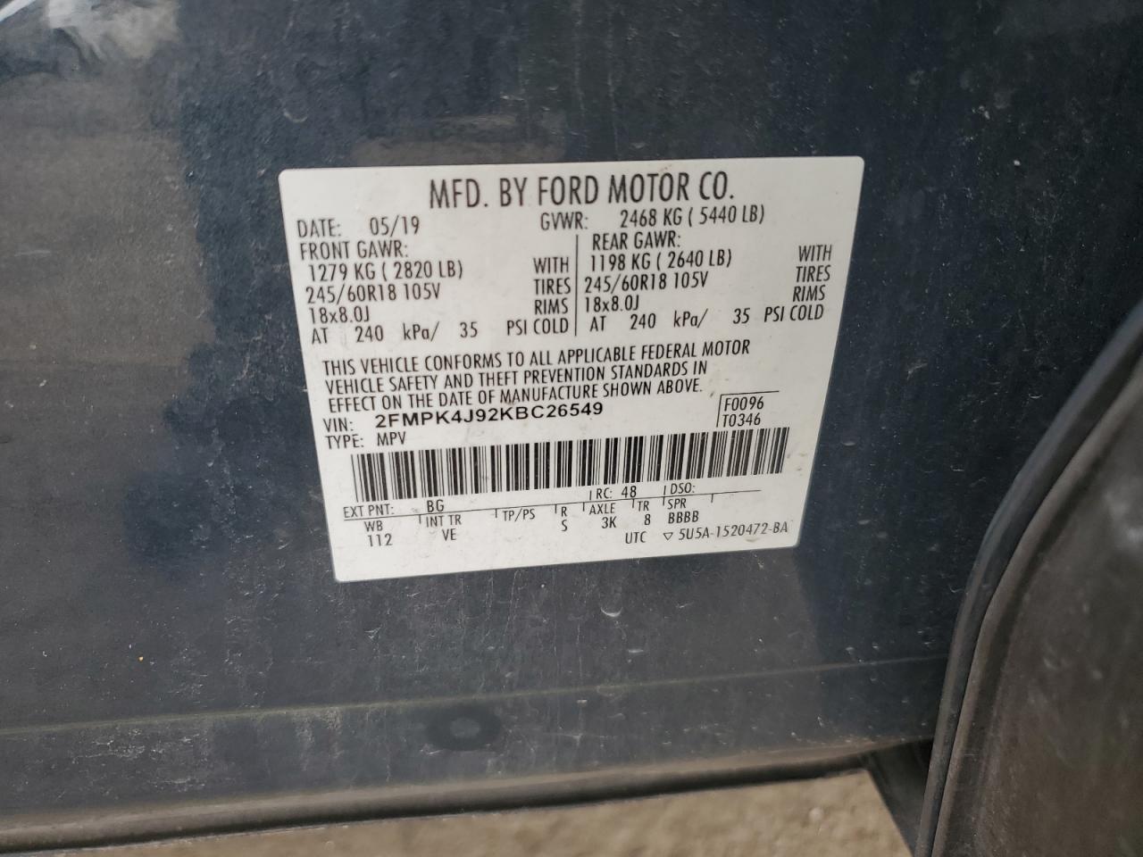 2019 Ford Edge Sel VIN: 2FMPK4J92KBC26549 Lot: 61939874