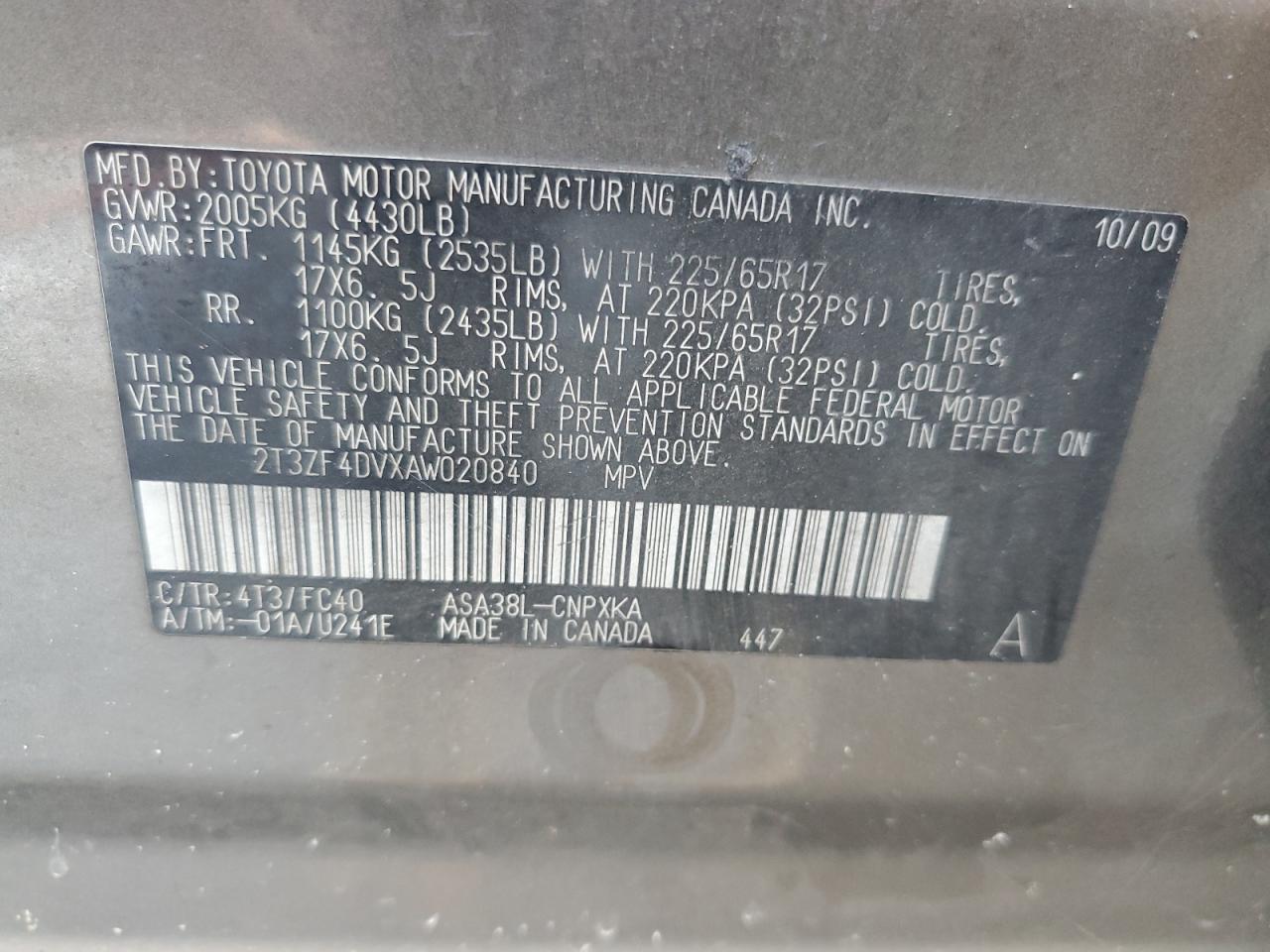 2010 Toyota Rav4 VIN: 2T3ZF4DVXAW020840 Lot: 63186934