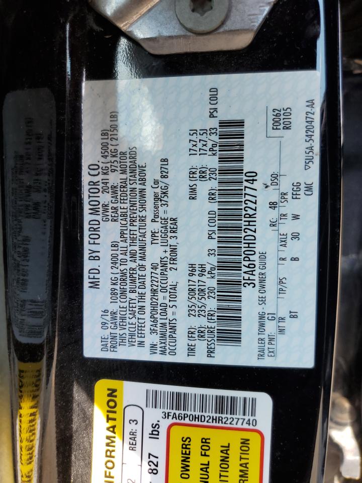 2017 Ford Fusion Se VIN: 3FA6P0HD2HR227740 Lot: 59417514