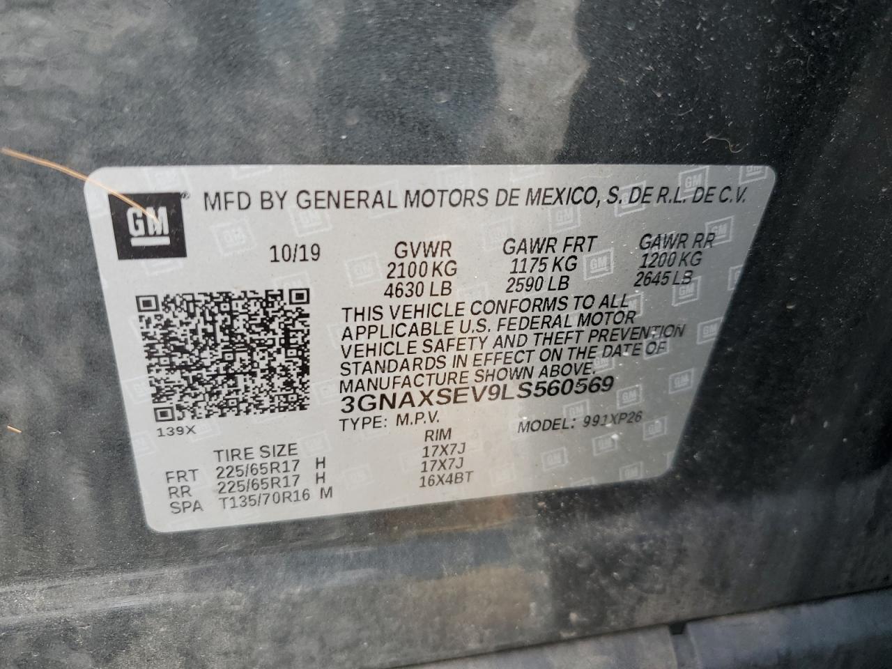 2020 Chevrolet Equinox Ls VIN: 3GNAXSEV9LS560569 Lot: 63254354