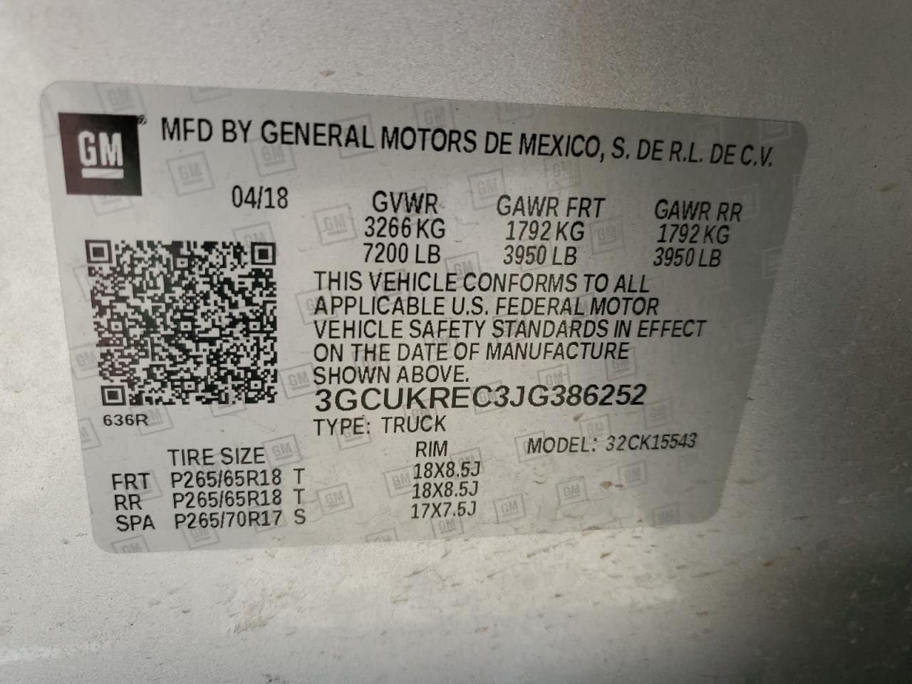 3GCUKREC3JG386252 2018 Chevrolet Silverado K1500 Lt