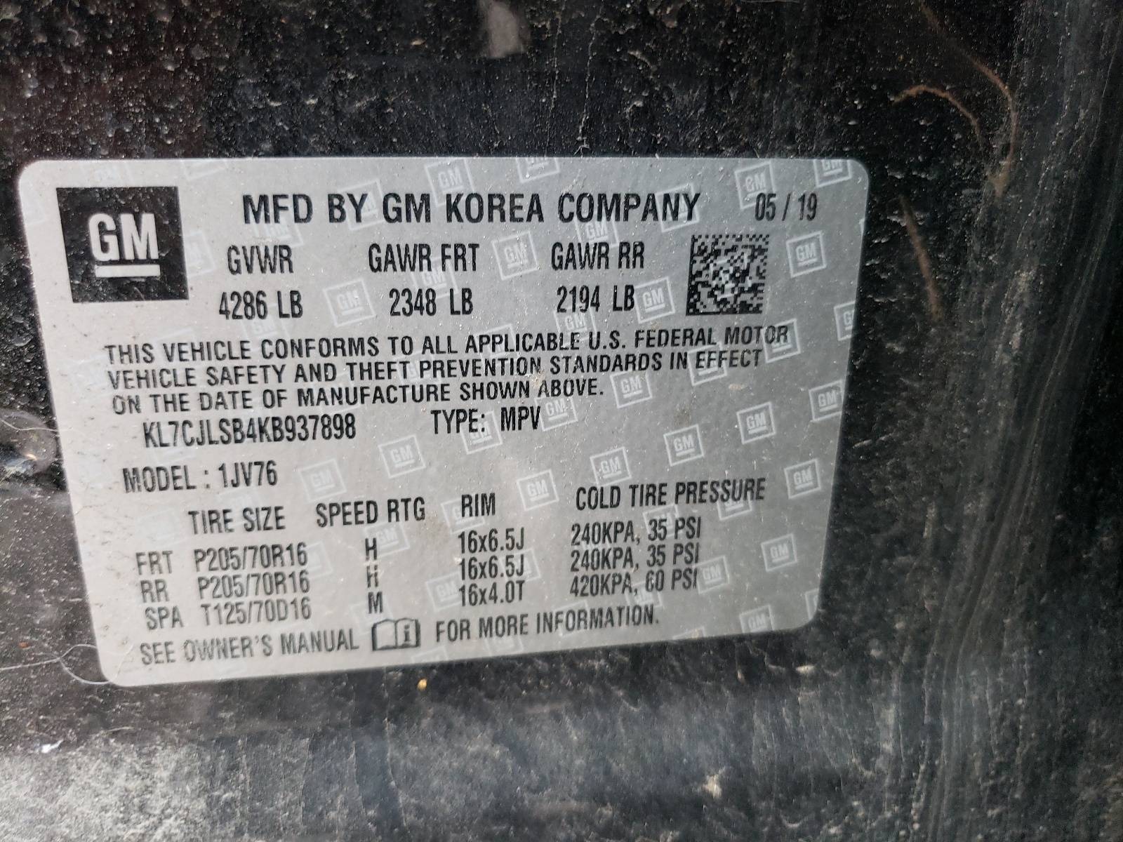 KL7CJLSB4KB937898 2019 Chevrolet Trax 1Lt