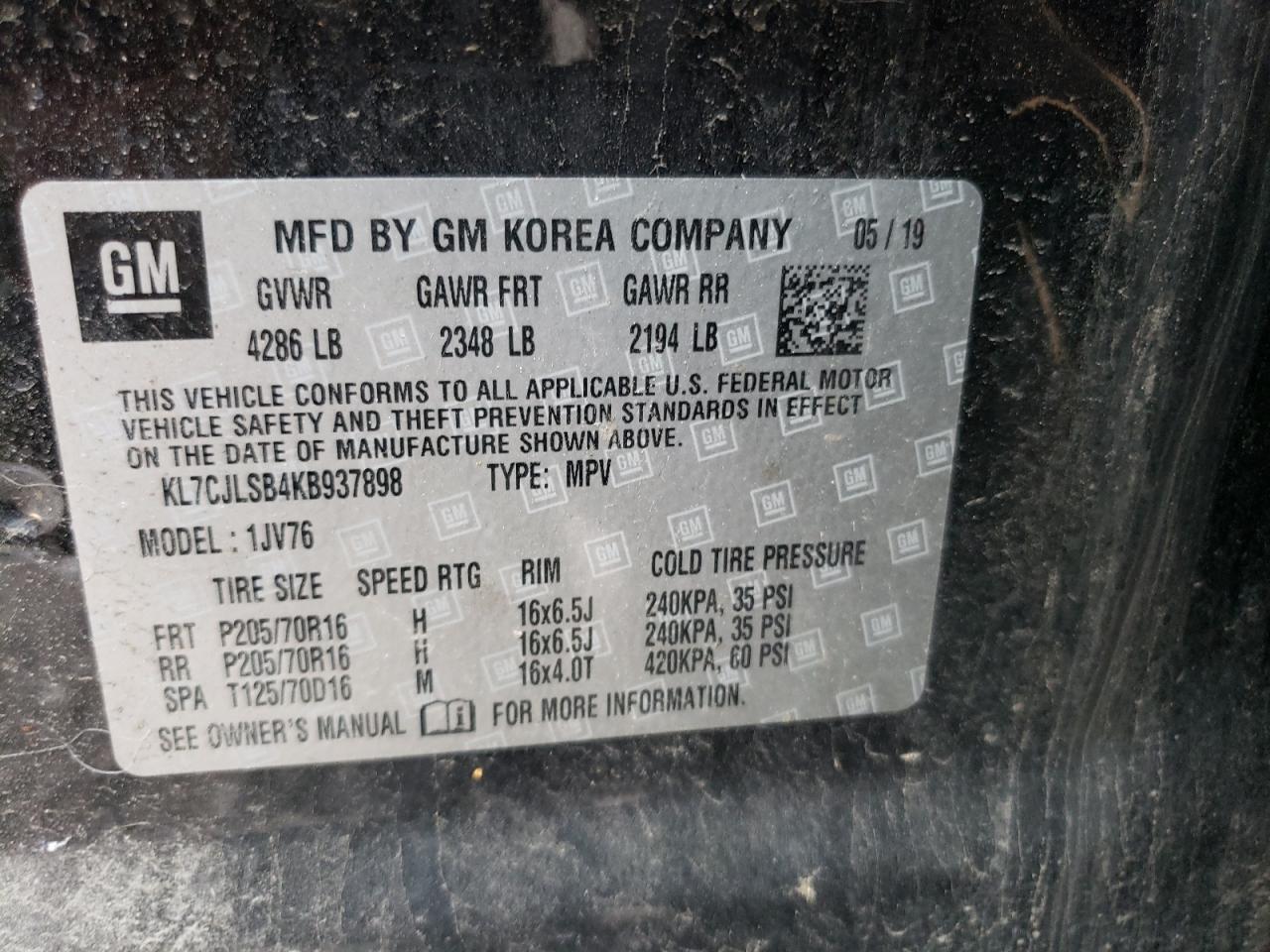 2019 Chevrolet Trax 1Lt VIN: KL7CJLSB4KB937898 Lot: 62881534