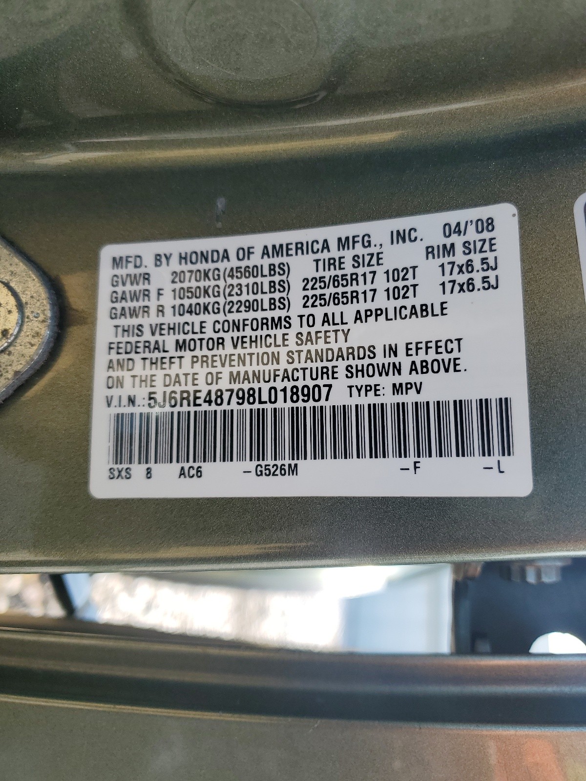 5J6RE48798L018907 2008 Honda Cr-V Exl