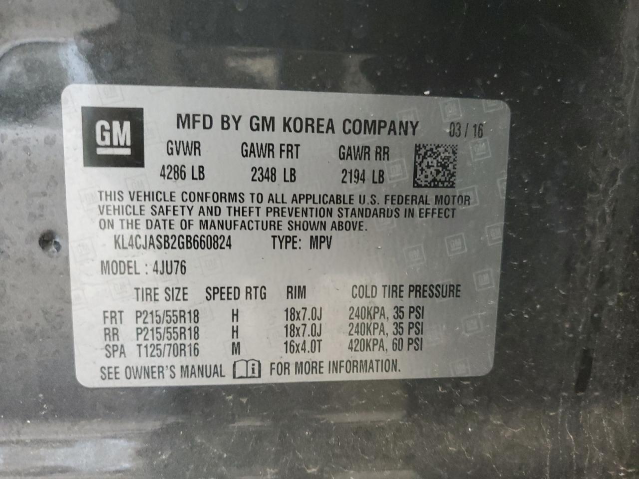 2016 Buick Encore VIN: KL4CJASB2GB660824 Lot: 63826794