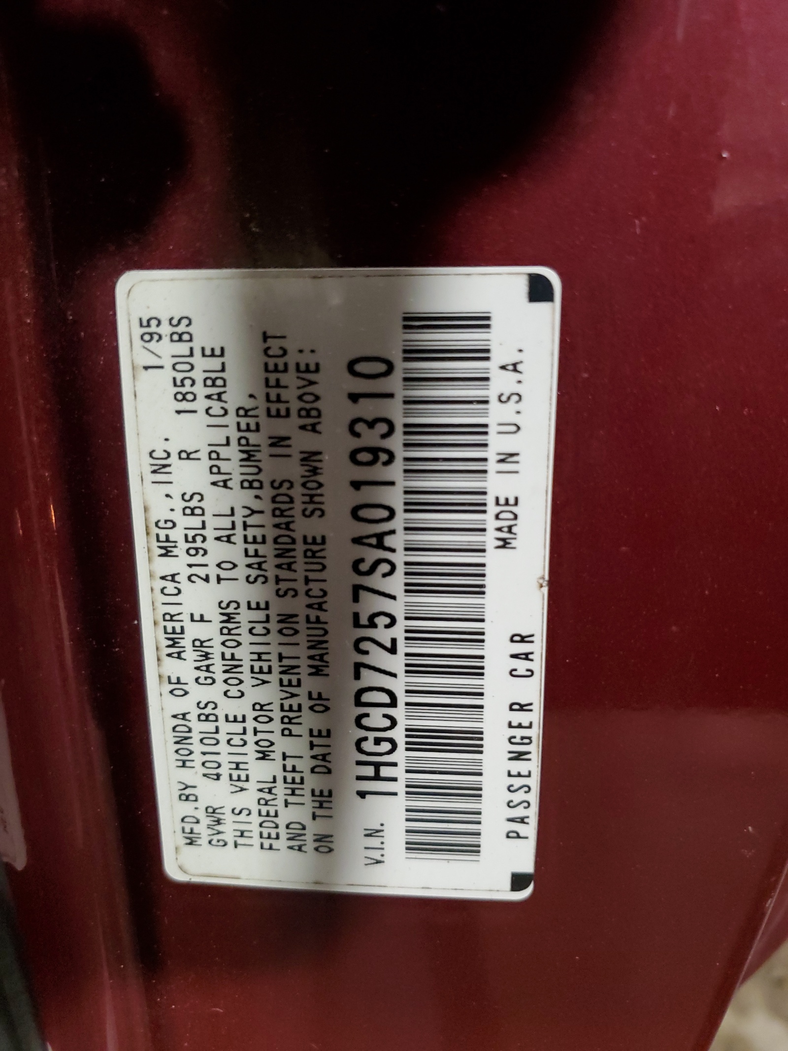 1HGCD7257SA019310 1995 Honda Accord Ex