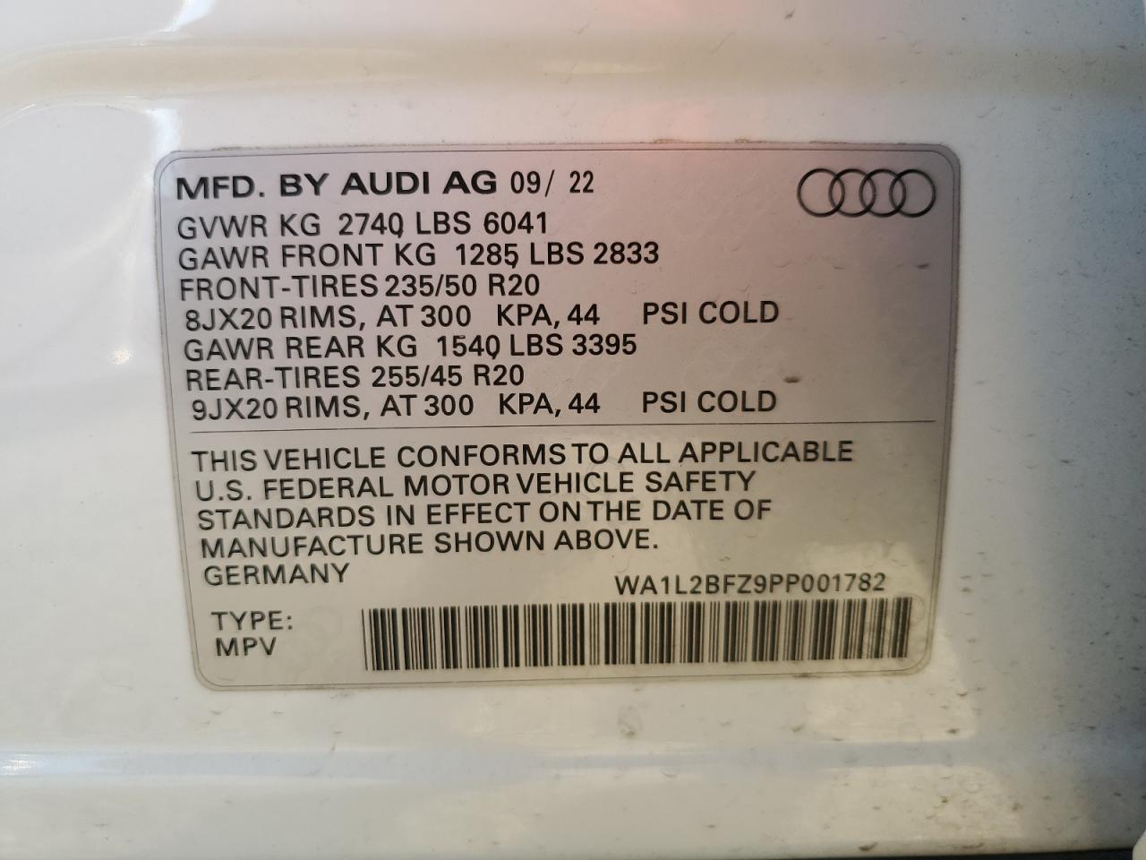 2023 Audi Q4 E-Tron Premium Plus VIN: WA1L2BFZ9PP001782 Lot: 61957324