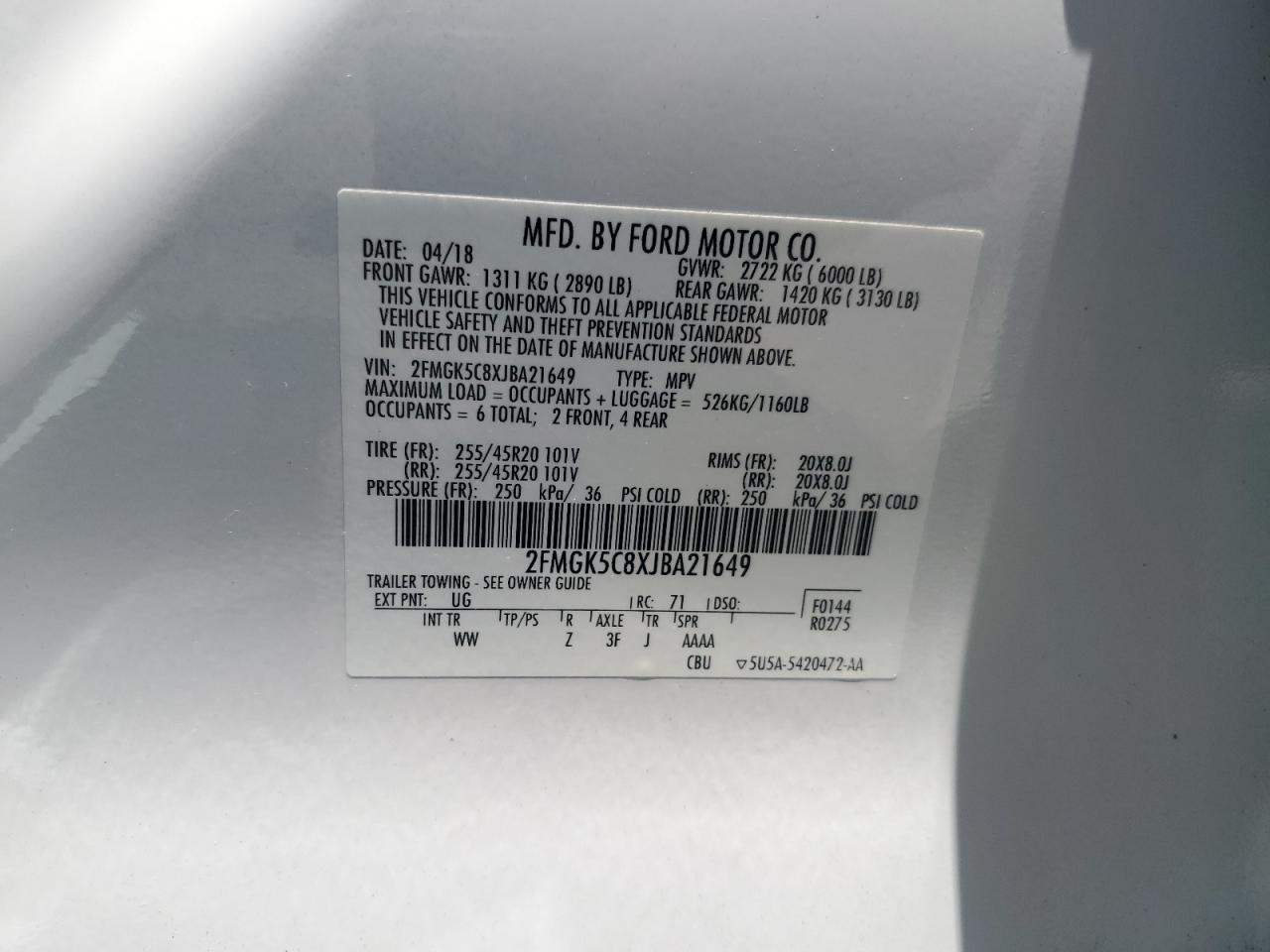 2018 Ford Flex Sel VIN: 2FMGK5C8XJBA21649 Lot: 64667594