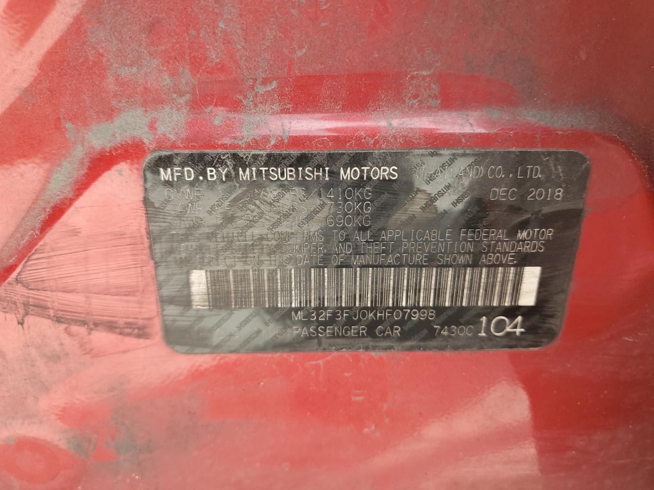 ML32F3FJ0KHF07998 2019 Mitsubishi Mirage G4 Es