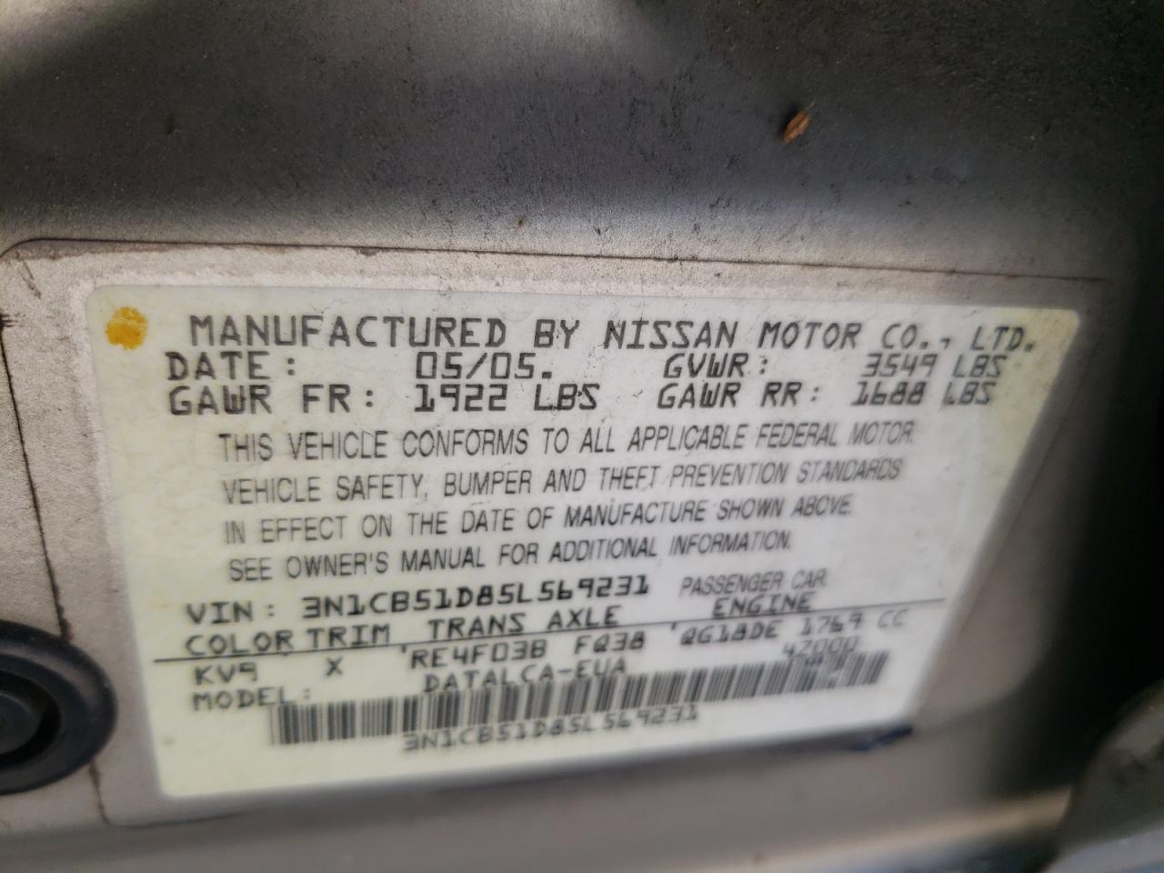 2005 Nissan Sentra 1.8 VIN: 3N1CB51D85L569231 Lot: 64784554