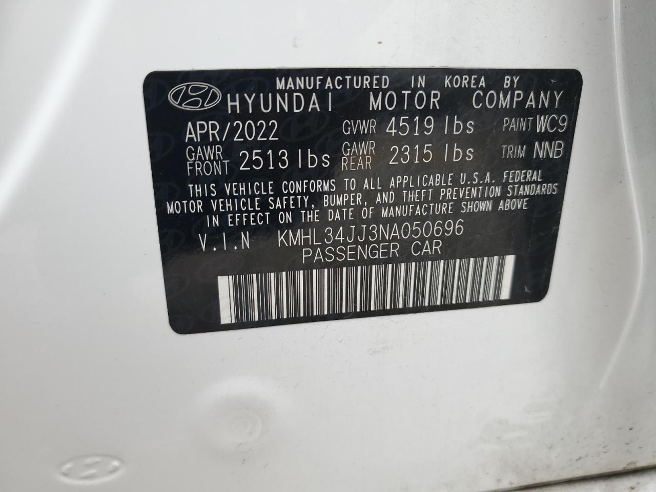 2022 Hyundai Sonata Hybrid VIN: KMHL34JJ3NA050696 Lot: 62864454