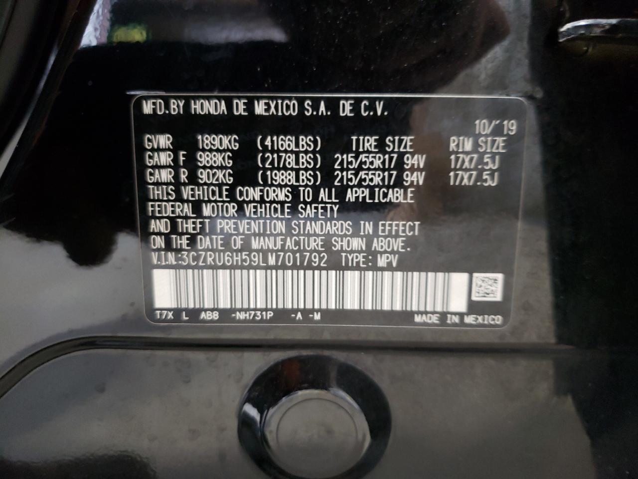 2020 Honda Hr-V Ex VIN: 3CZRU6H59LM701792 Lot: 65447384