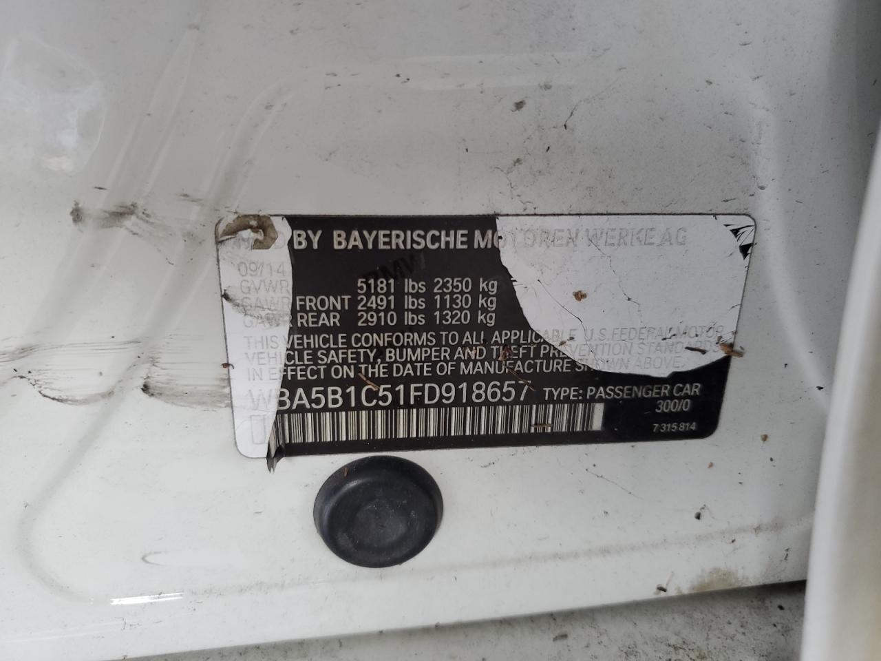 2015 BMW 535 I VIN: WBA5B1C51FD918657 Lot: 61285074