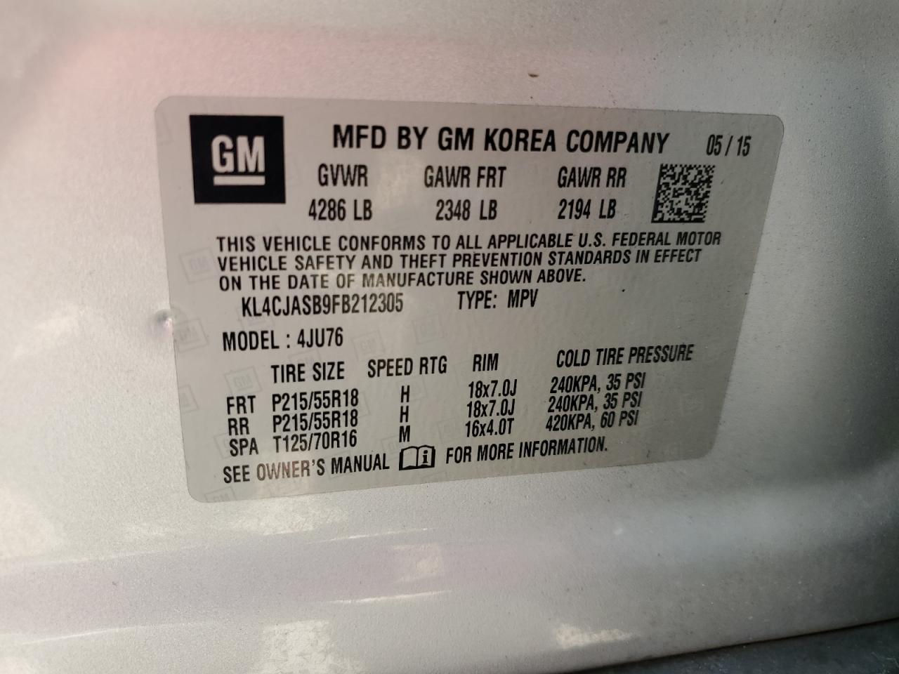 2015 BUICK ENCORE with FRONT END damage, VIN KL4CJASB9FB212305