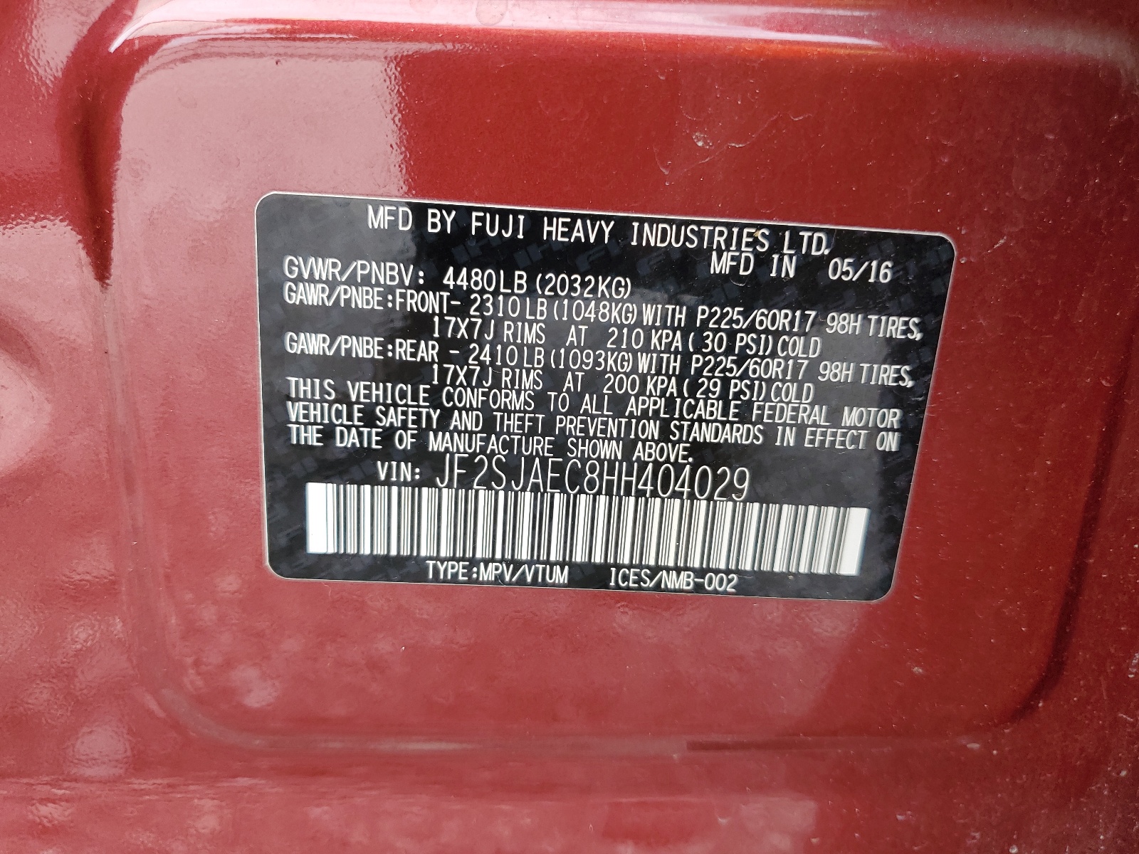 JF2SJAEC8HH404029 2017 Subaru Forester 2.5I Premium