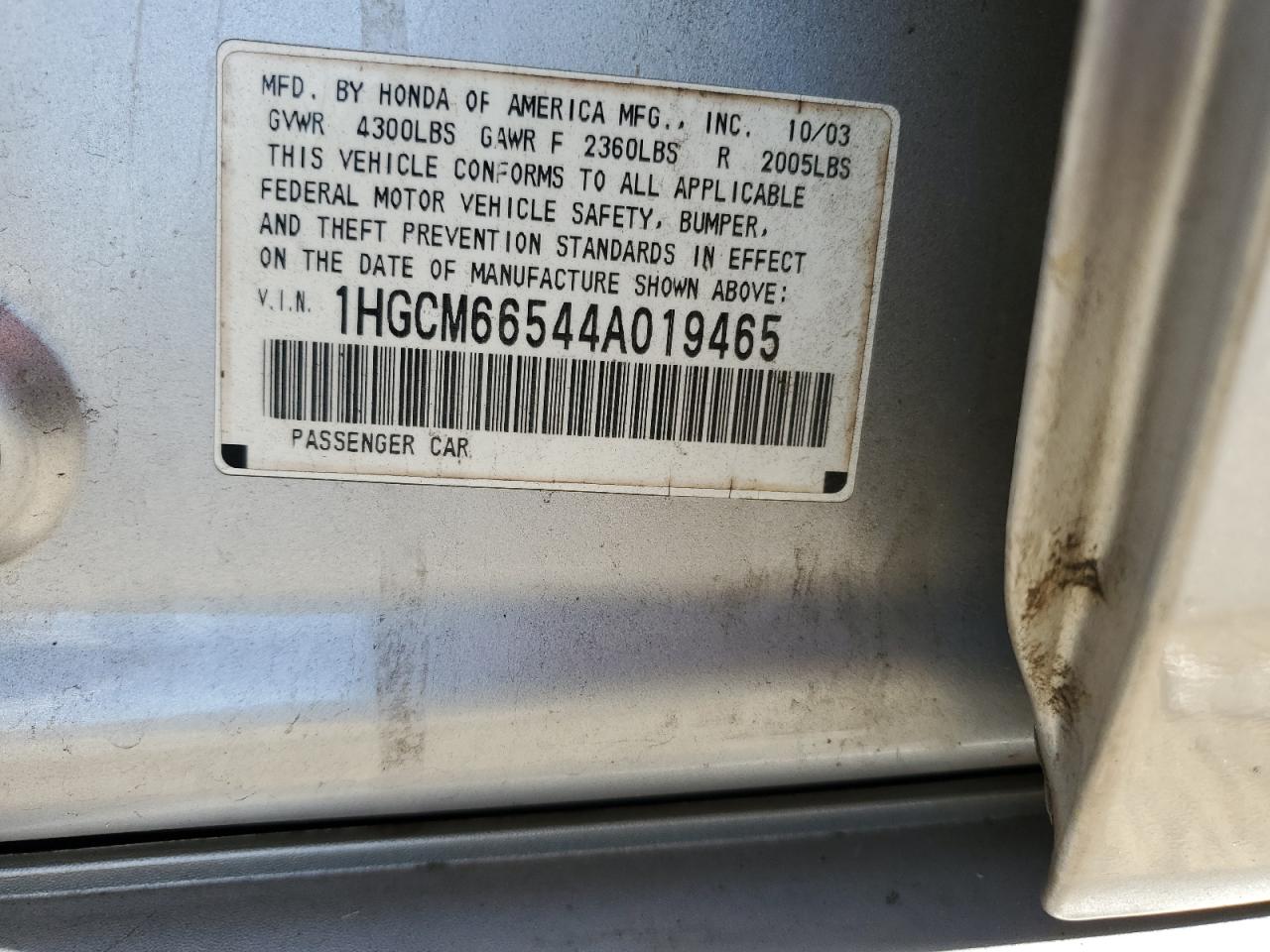 2004 Honda Accord Ex VIN: 1HGCM66544A019465 Lot: 62919204