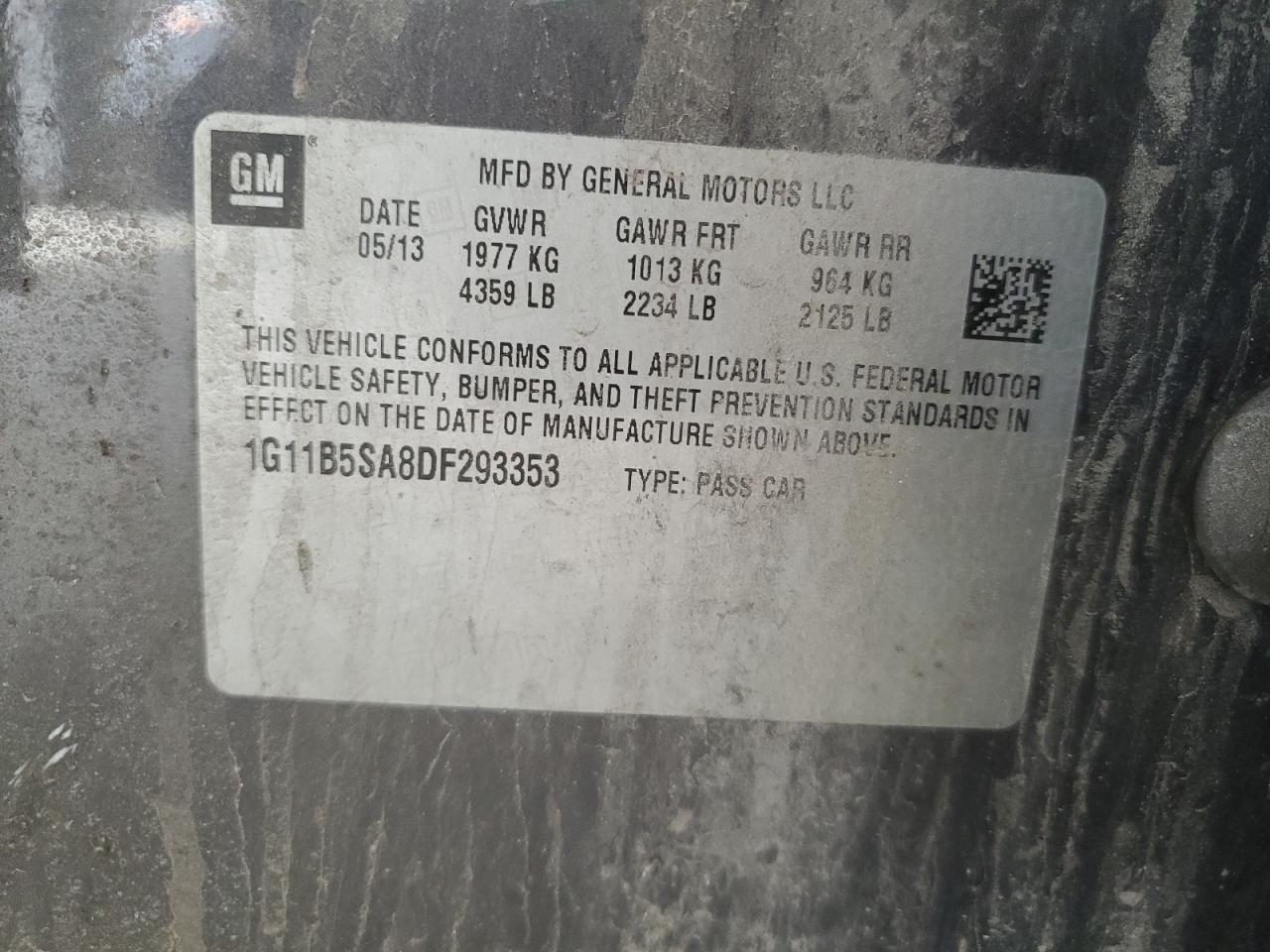 2013 Chevrolet Malibu Ls VIN: 1G11B5SA8DF293353 Lot: 61258624