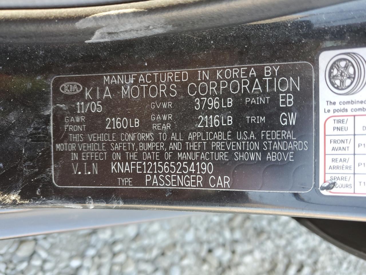 2006 Kia Spectra Lx VIN: KNAFE121565254190 Lot: 64721574