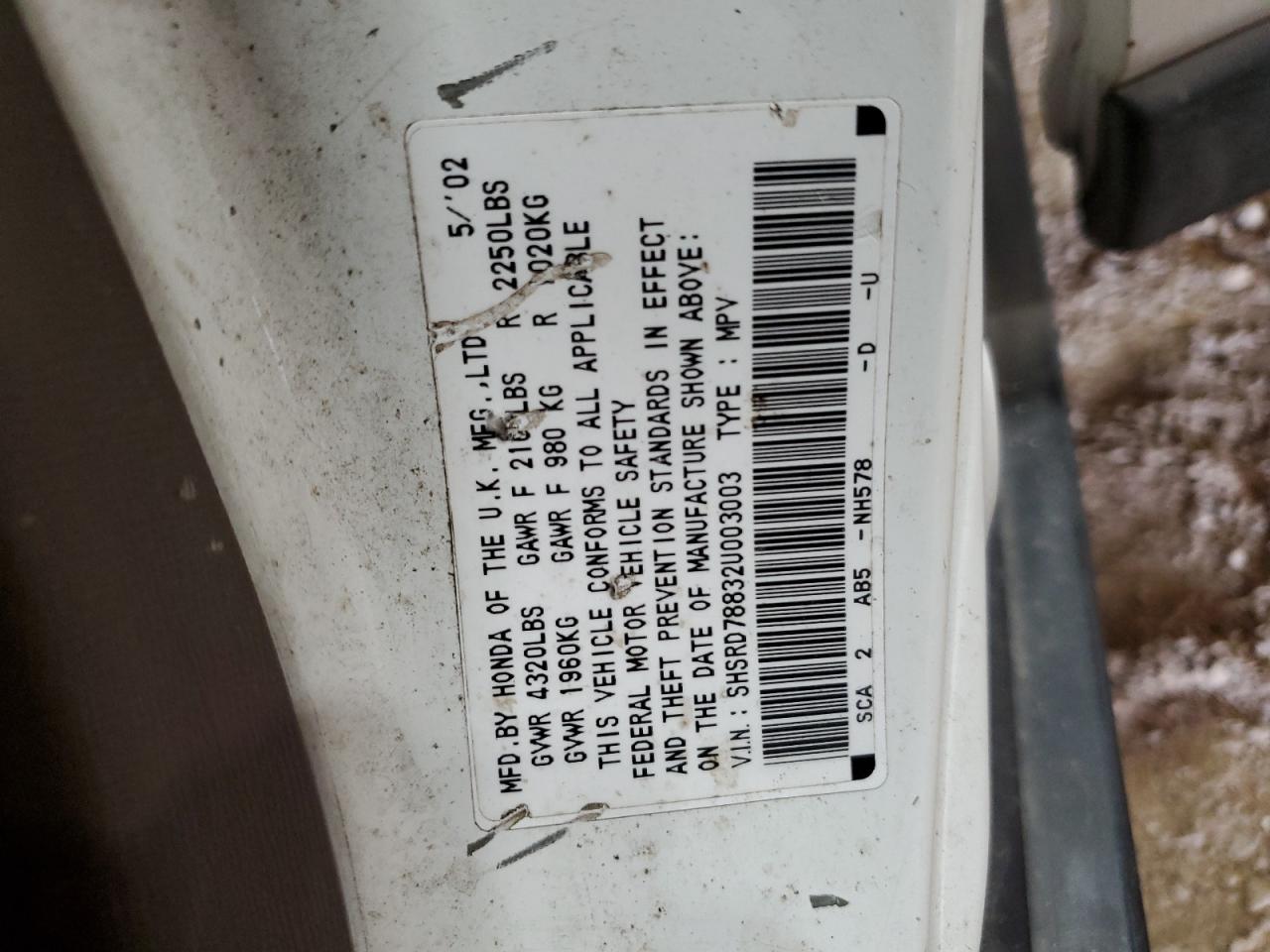 2002 Honda Cr-V Ex VIN: SHSRD78832U003003 Lot: 65347914