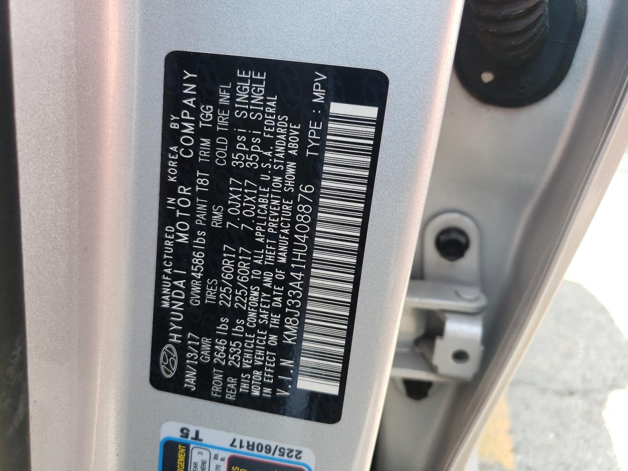 2017 Hyundai Tucson Limited VIN: KM8J33A41HU408876 Lot: 61269274