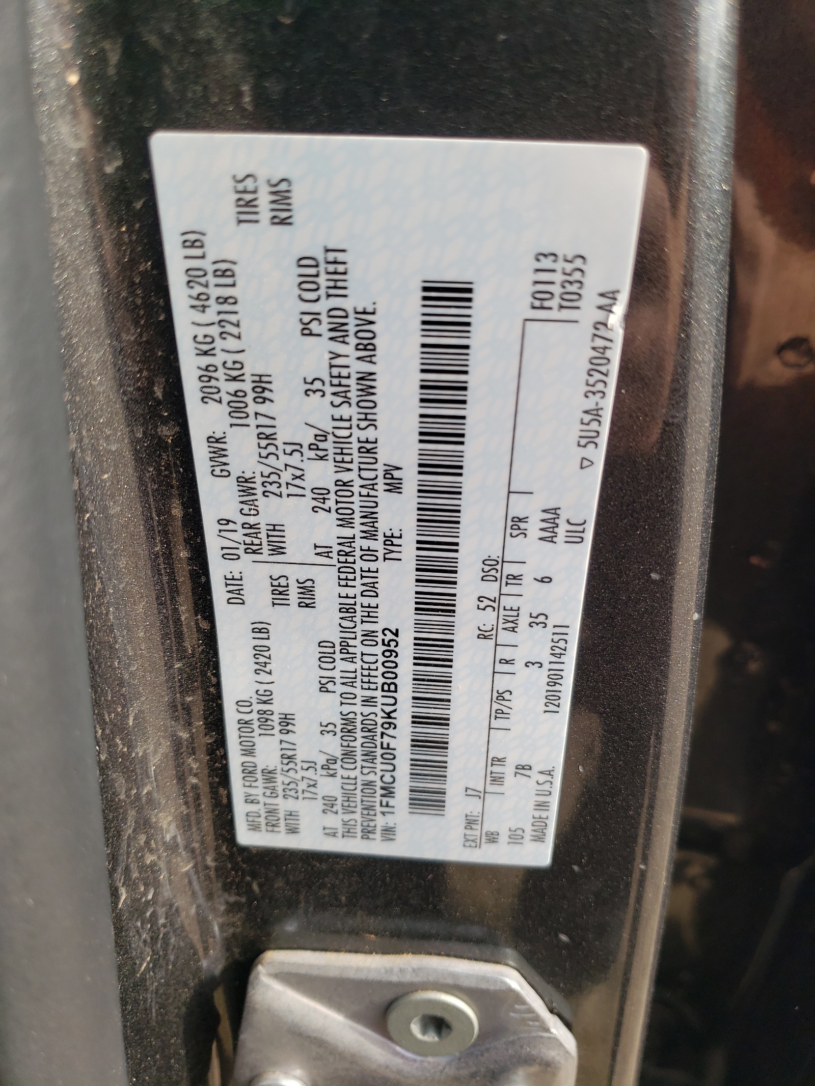 1FMCU0F79KUB00952 2019 Ford Escape S