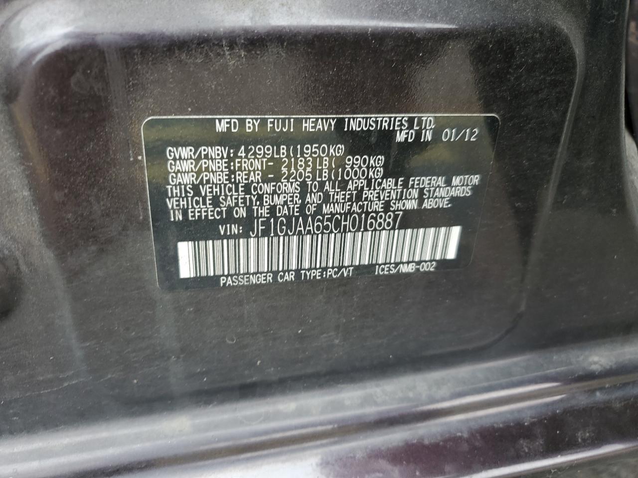 2012 Subaru Impreza VIN: JF1GJAA65CH016887 Lot: 63166014