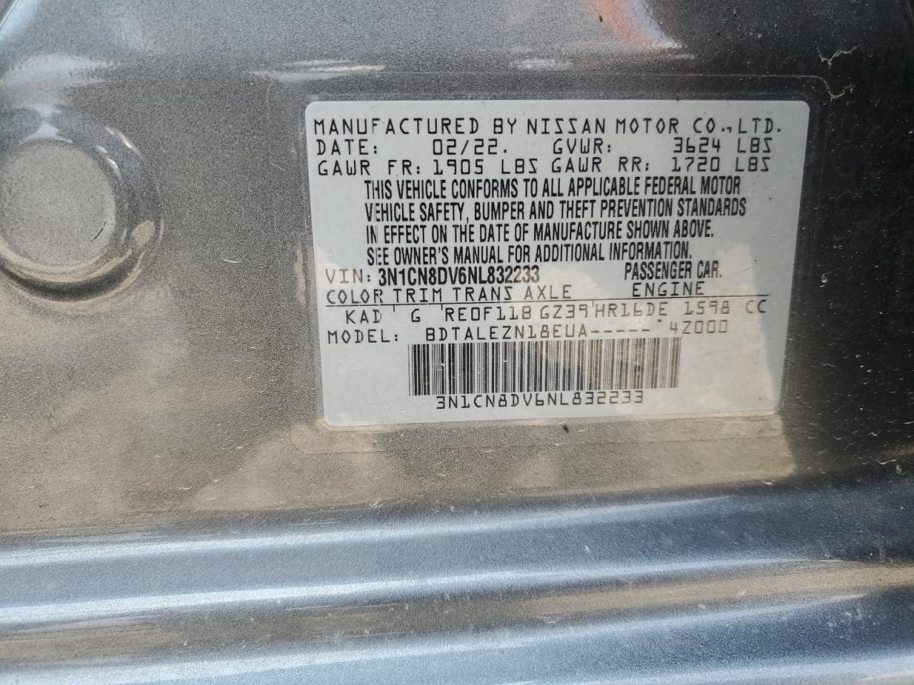 3N1CN8DV6NL832233 2022 Nissan Versa S