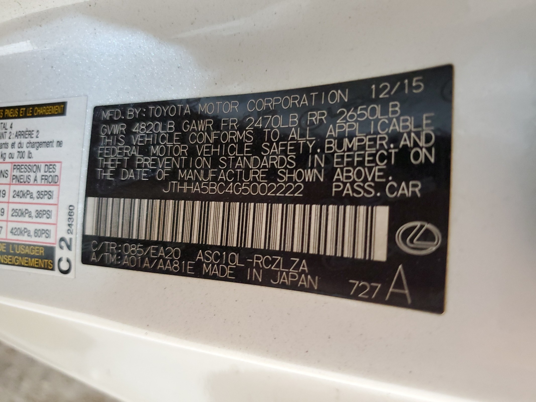 JTHHA5BC4G5002222 2016 Lexus Rc 200T