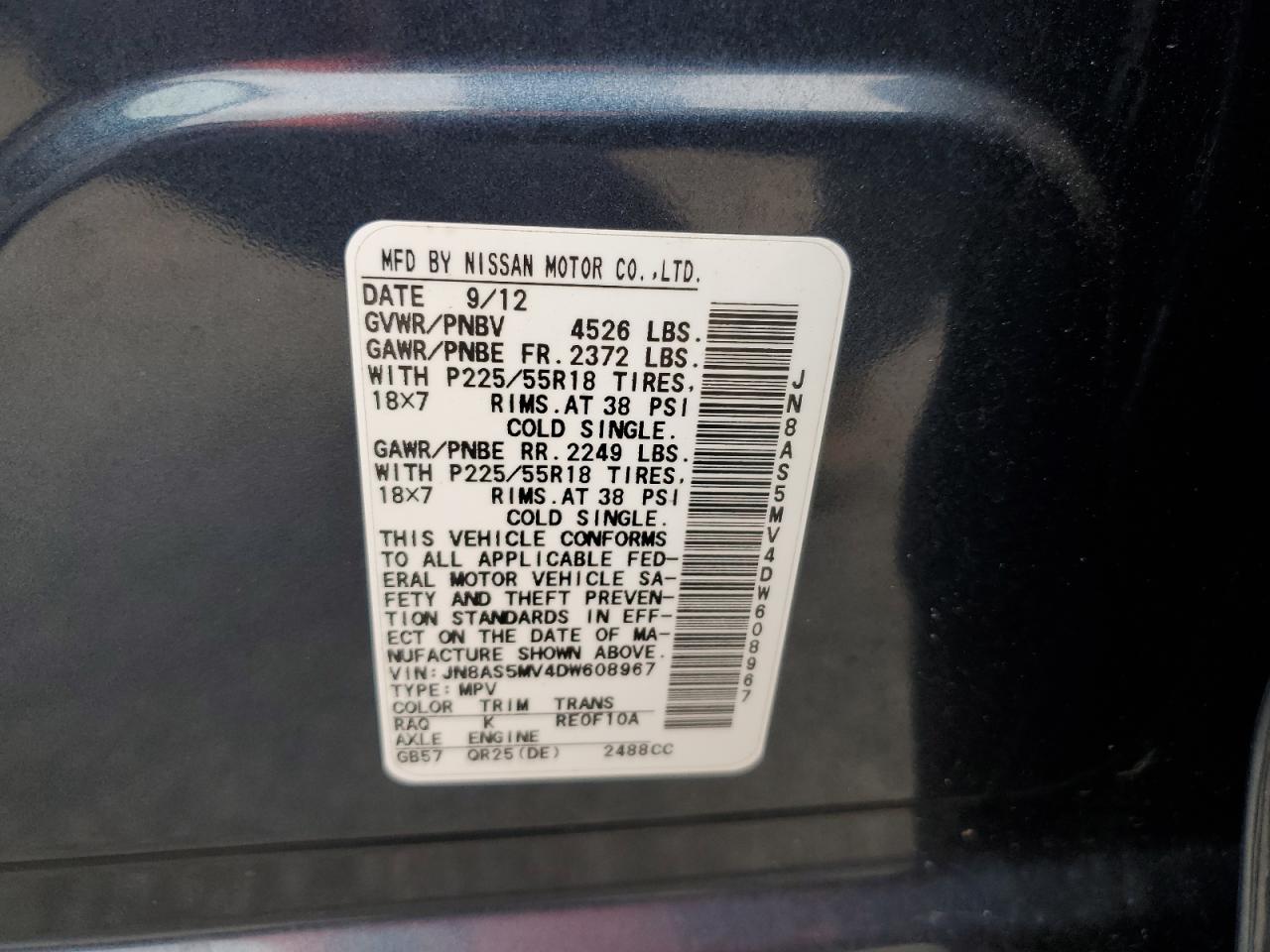 2013 Nissan Rogue S VIN: JN8AS5MV4DW608967 Lot: 61132934