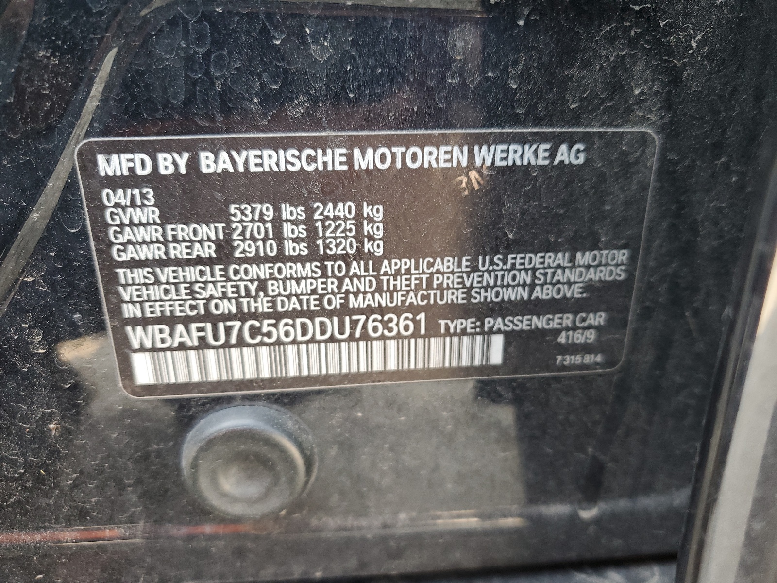 WBAFU7C56DDU76361 2013 BMW 535 Xi