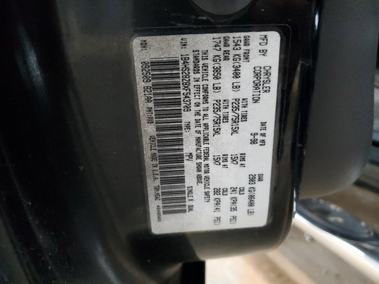 1999 Dodge Durango VIN: 1B4HS28Z8XF543709 Lot: 61877034