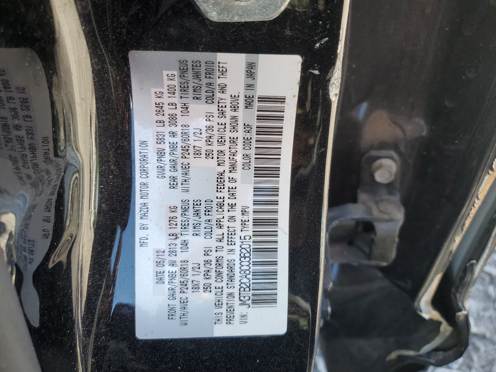 JM3TB2CA8C0362015 2012 Mazda Cx-9