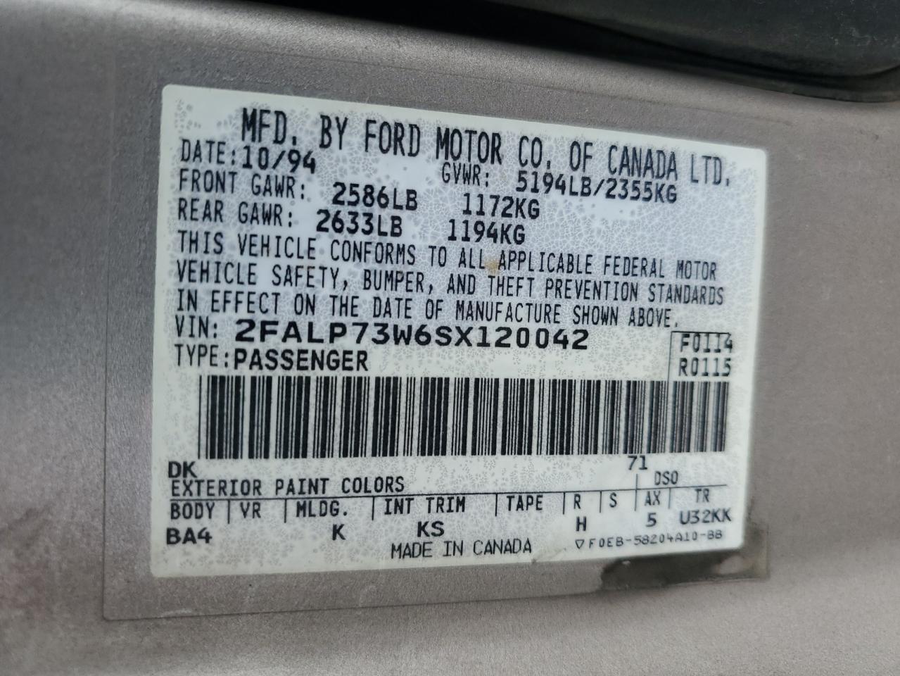 1995 Ford Crown Victoria VIN: 2FALP73W6SX120042 Lot: 65658014