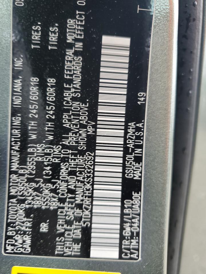 2019 Toyota Highlander Se VIN: 5TDKZRFH3KS332692 Lot: 64644424