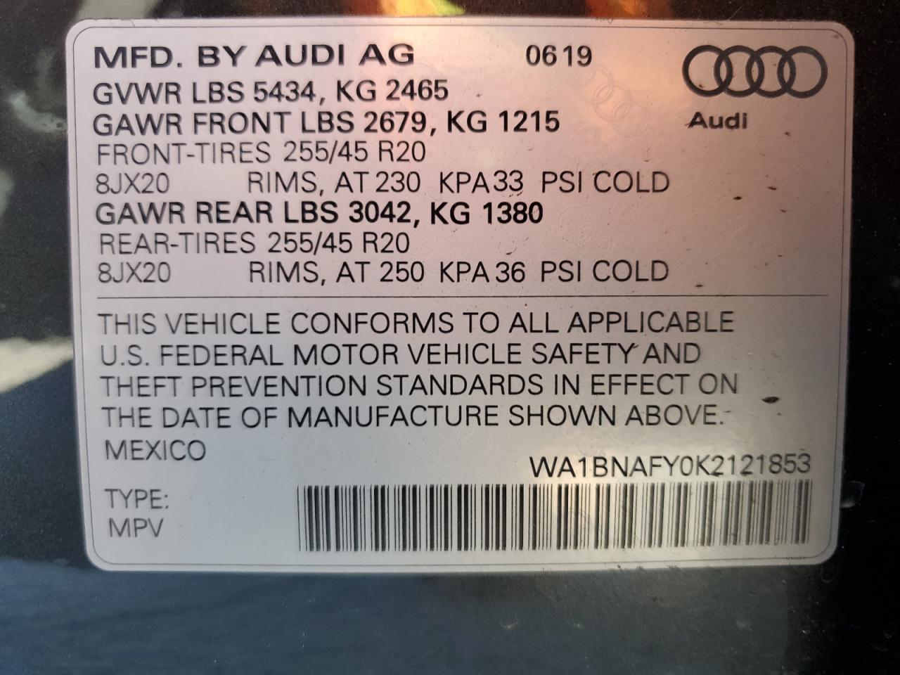 WA1BNAFY0K2121853 2019 Audi Q5 Premium Plus