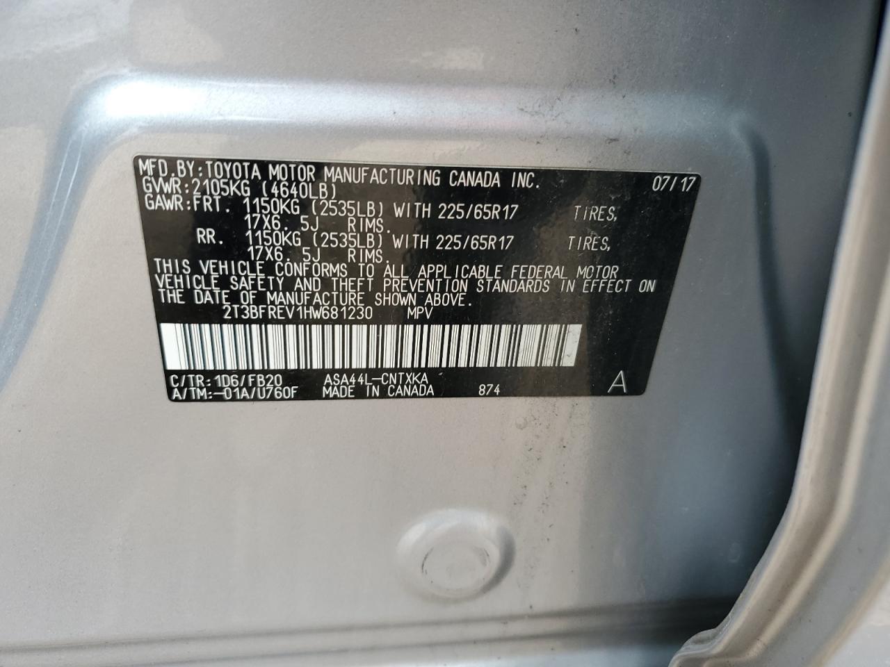 2017 Toyota Rav4 Le VIN: 2T3BFREV1HW681230 Lot: 61613514